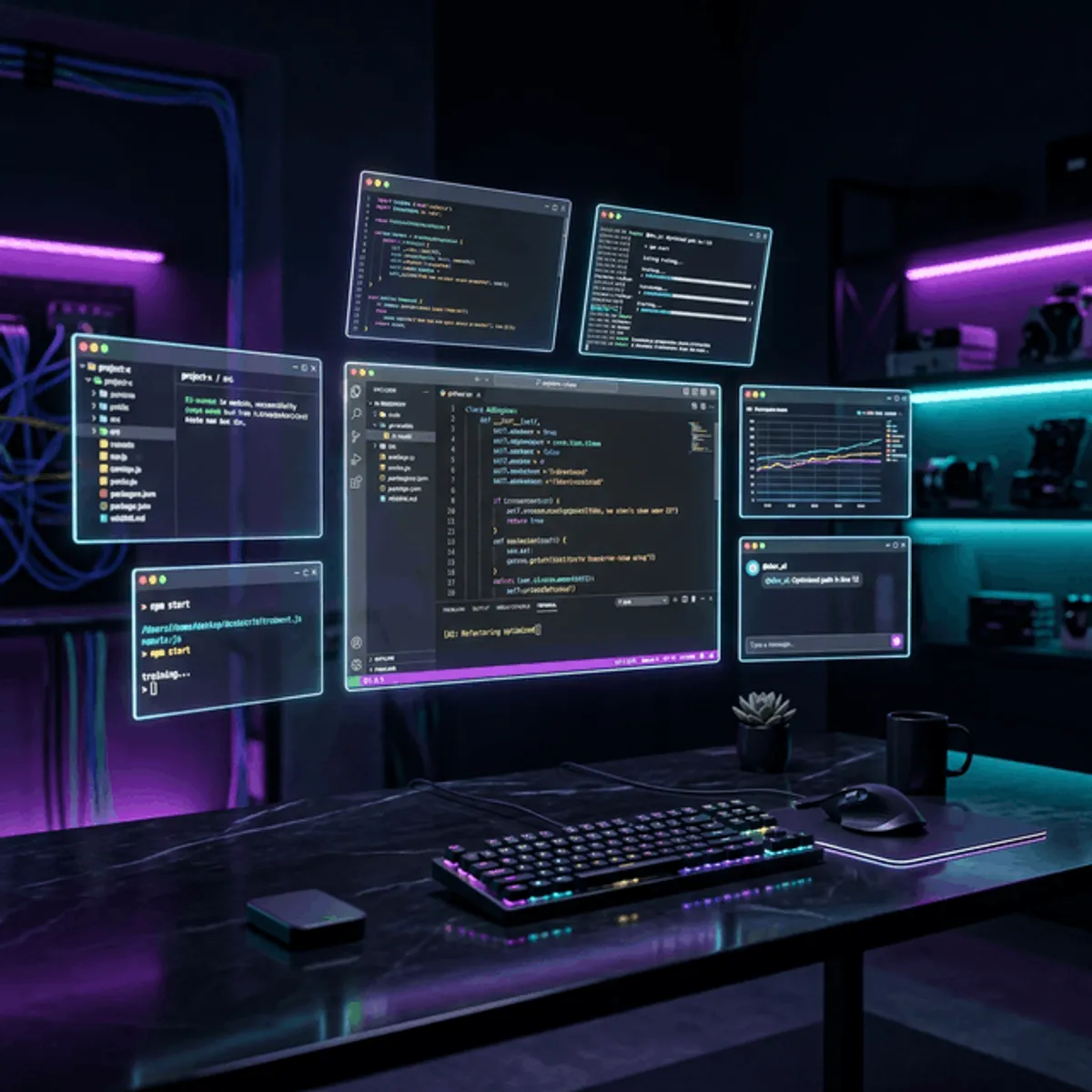 A hyper-realistic futuristic workspace showing multiple glowing screens floating above an obsidian desk displaying AI code editors.