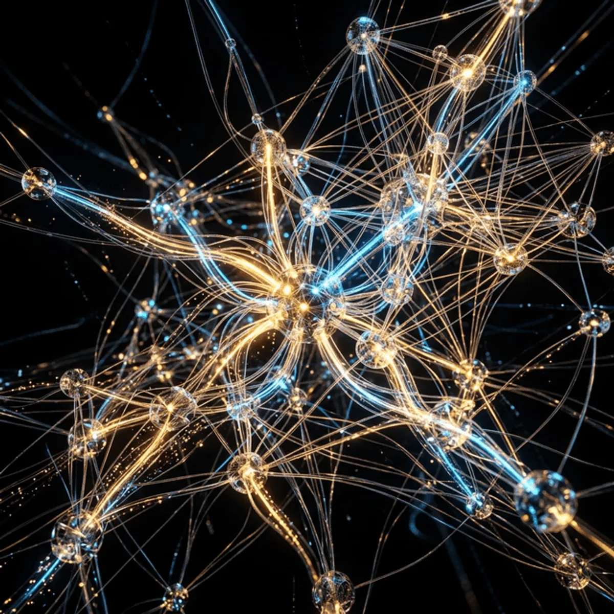 A glowing, intricate neural network made of glass and fiber optic cables