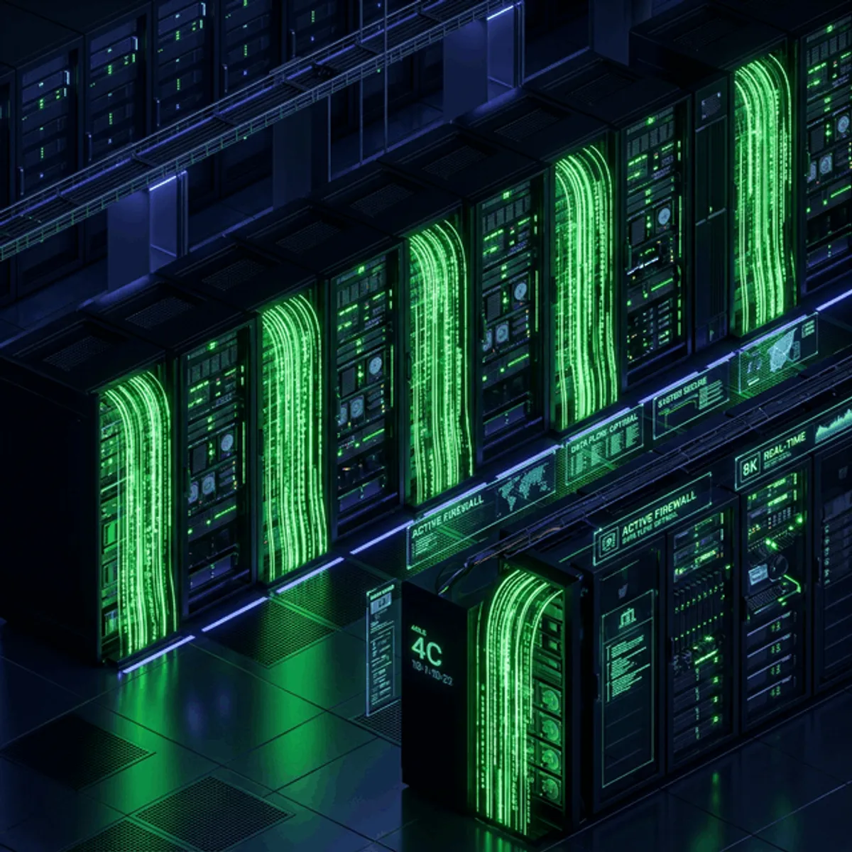 Futuristic server racks in a sleek dark data center with glowing green data streams flowing rapidly down.