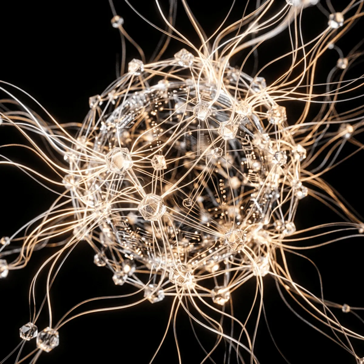 Abstract 3D rendering of an advanced AI neural network core connecting intricate glass nodes over a pitch black void.
