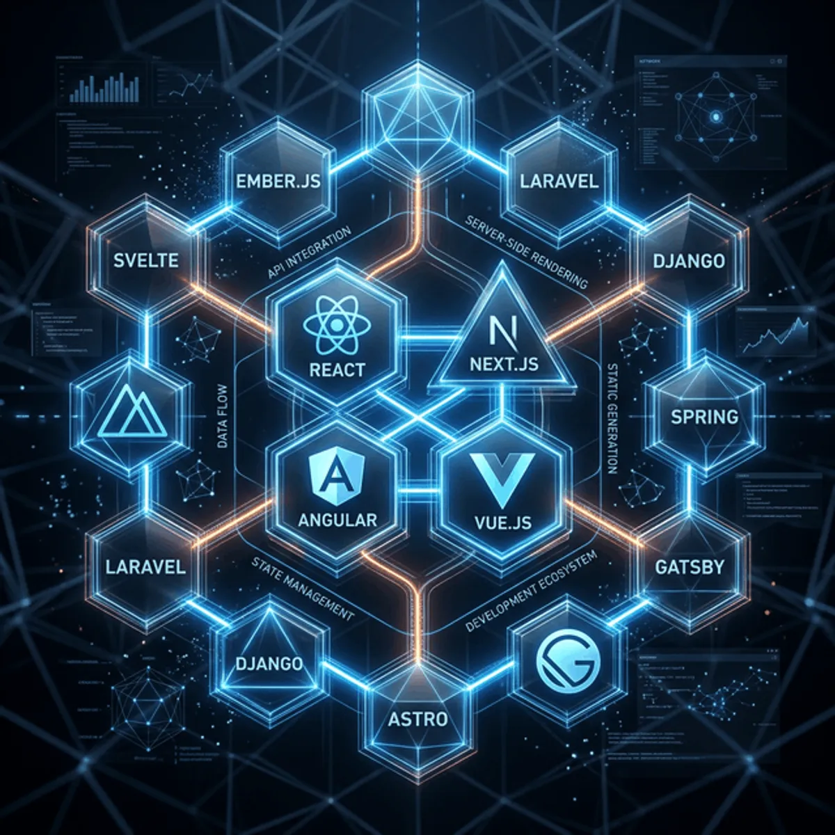 A high-tech sleek visualization of web frameworks glowing and interlocking.