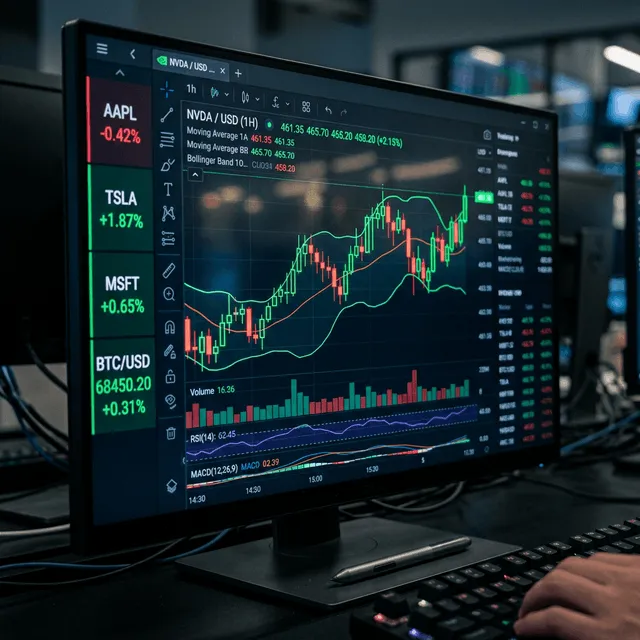 A cinematic, ultra-detailed close-up of a sleek trading terminal displaying candlestick charts
